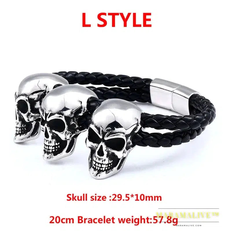 Stainless Steel Punk Triple Skull Leather Men's Bangle Rock Biker High Quality Jewelry Gift