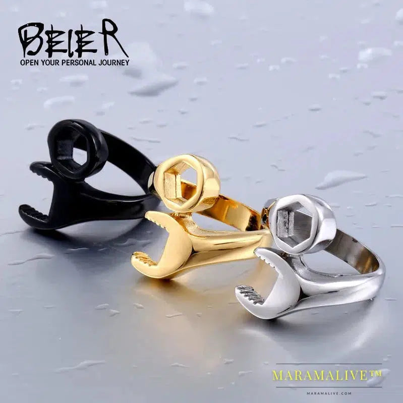 Stainless Steel Ring Hot Sale Punk Biker Wrench Man Ring Tools Fashion Jewelry