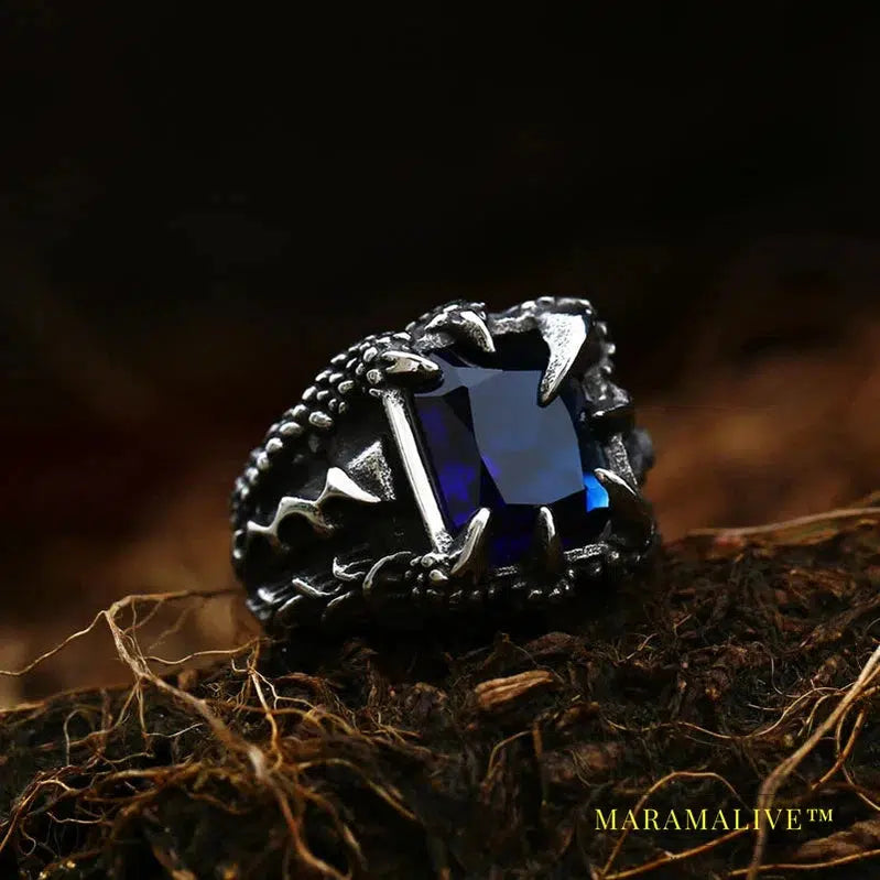 Stainless Steel Ring Top Quality Dragon Claw With Red Blue Stone Ring Men Punk Unique Jewelry