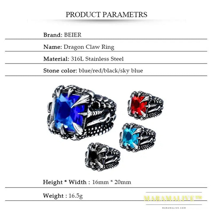 Stainless Steel Ring Top Quality Dragon Claw With Red Blue Stone Ring Men Punk Unique Jewelry