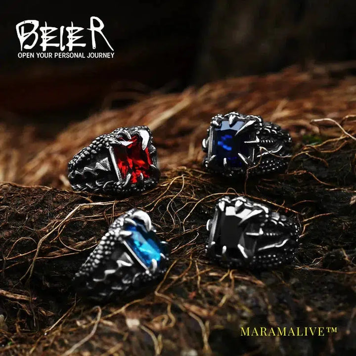 Stainless Steel Ring Top Quality Dragon Claw With Red Blue Stone Ring Men Punk Unique Jewelry