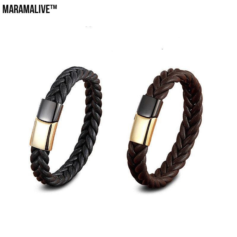 Stainless Steel Titanium Two-tone Buckle Leather Cord Bracelet