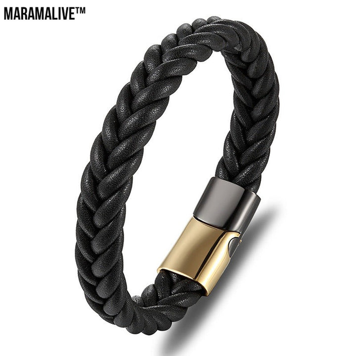 Stainless Steel Titanium Two-tone Buckle Leather Cord Bracelet