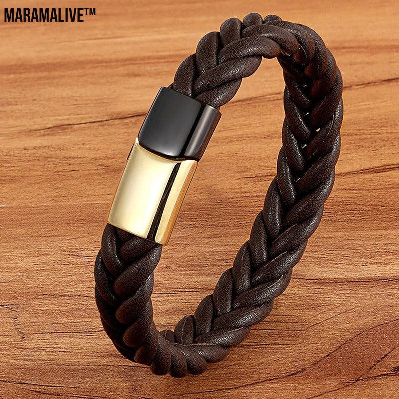 Stainless Steel Titanium Two-tone Buckle Leather Cord Bracelet