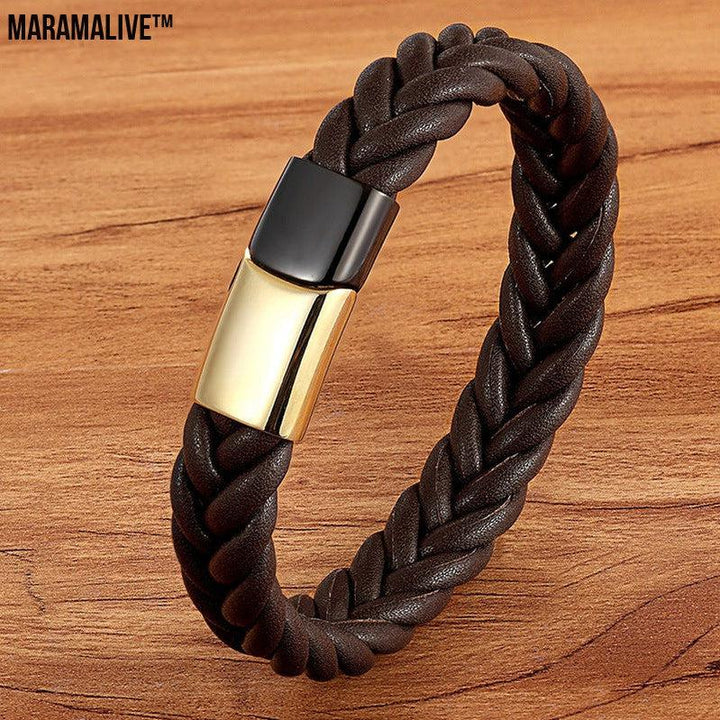 Stainless Steel Titanium Two-tone Buckle Leather Cord Bracelet