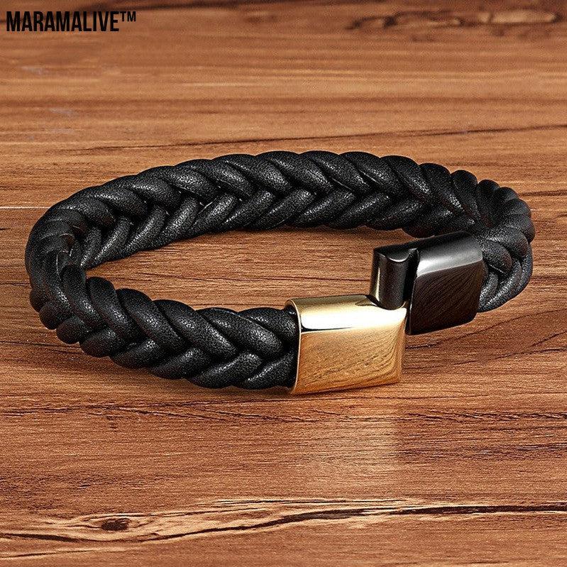 Stainless Steel Titanium Two-tone Buckle Leather Cord Bracelet