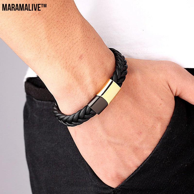 Stainless Steel Titanium Two-tone Buckle Leather Cord Bracelet