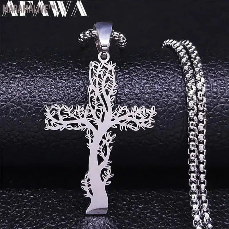 Stainless Steel Tree of Life Cross Pendant Necklace Silver Color Men Women Aesthetic Necklace Jewelry arbol de la vida N3018S02