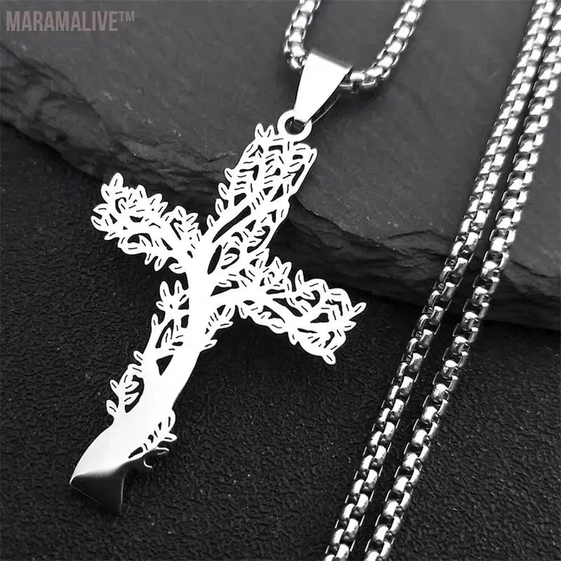 Stainless Steel Tree of Life Cross Pendant Necklace Silver Color Men Women Aesthetic Necklace Jewelry arbol de la vida N3018S02