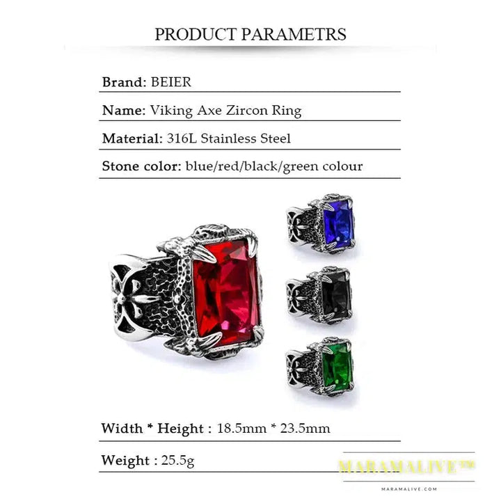 Stainless Steel VIKING Colorful Stone Trend Men's Ring Double-Sided Axe High Quality Jewelry