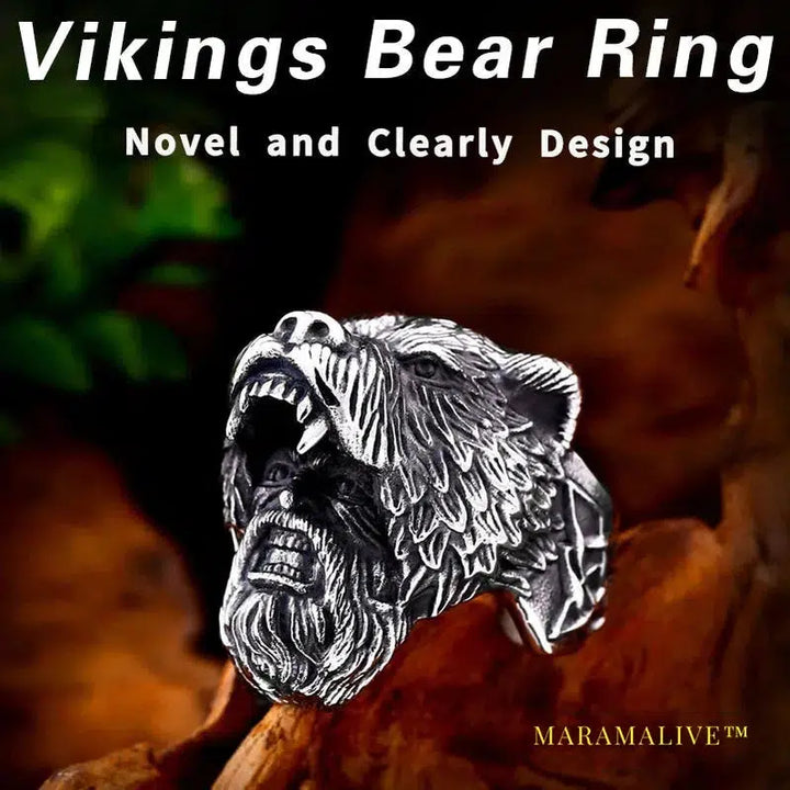 Stainless Steel Viking Bear Head Ring for Men's Punk Fashion Jewelry