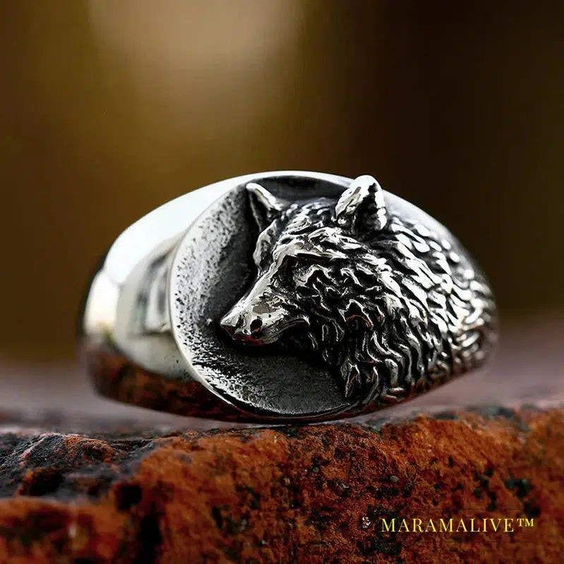 Stainless Steel Viking Nordic Wolf Head Ring Animal Jewelry Men Ring