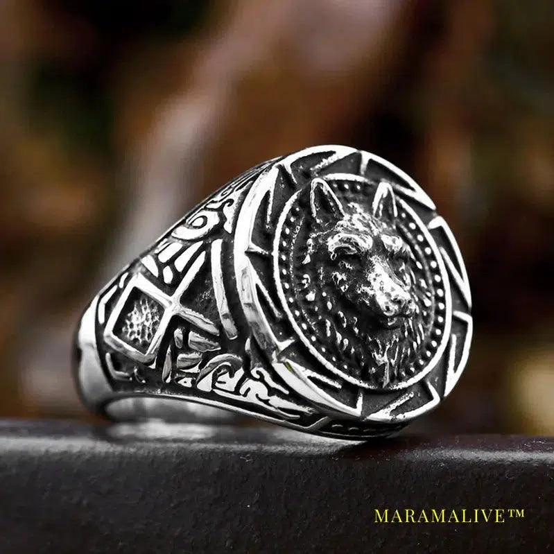 Stainless Steel Viking Nordic Wolf Head Ring Animal Jewelry Men Ring