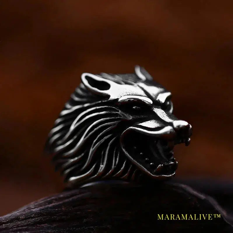 Stainless Steel Viking Nordic Wolf Head Ring Animal Jewelry Men Ring