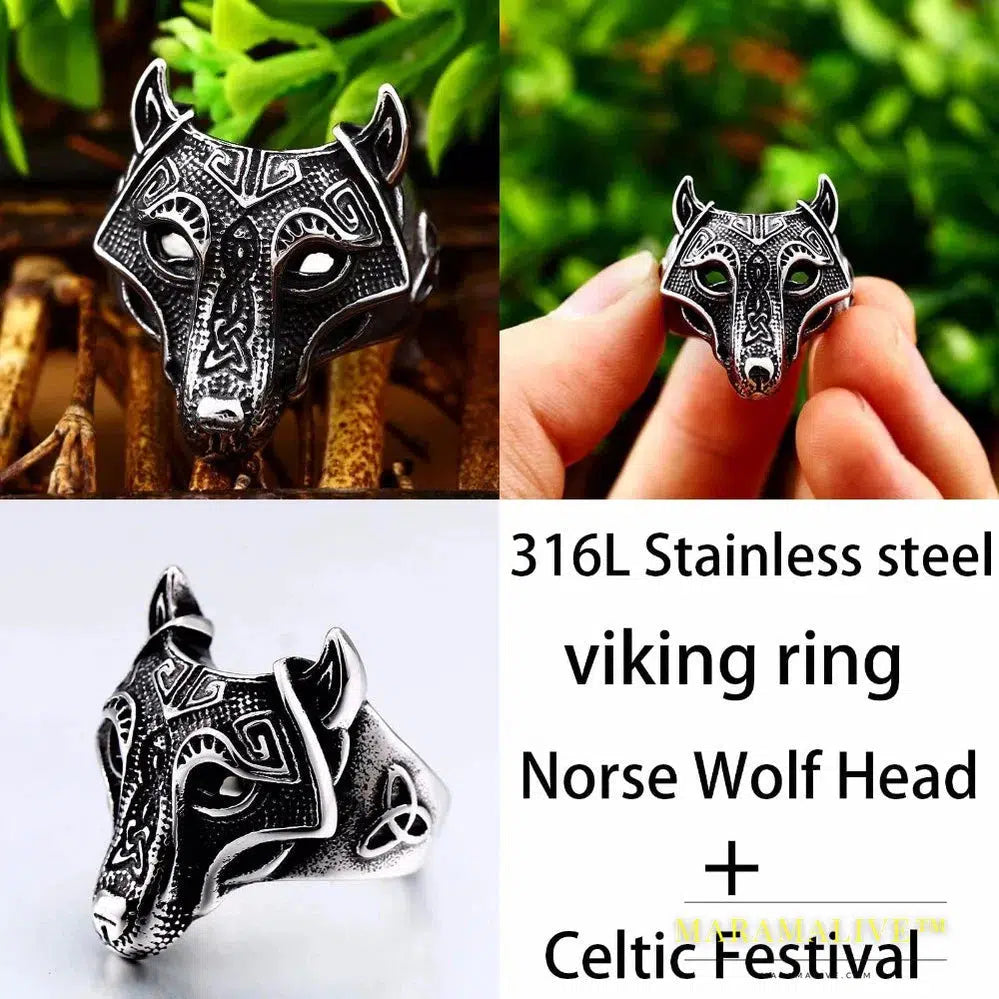 Stainless Steel Viking Nordic Wolf Head Ring Animal Jewelry Men Ring