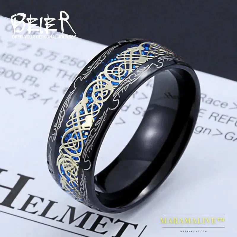 Stainless Steel Viking Runes Golden Dragon Man's Ring Blu-ray Simple Fashion High Quality Jewelry