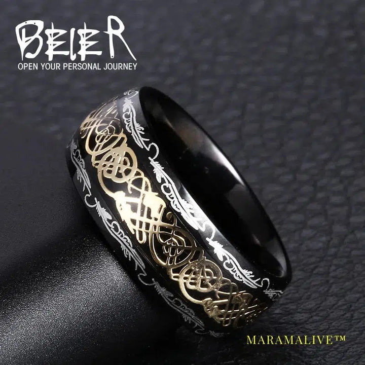 Stainless Steel Viking Runes Golden Dragon Man's Ring Blu-ray Simple Fashion High Quality Jewelry