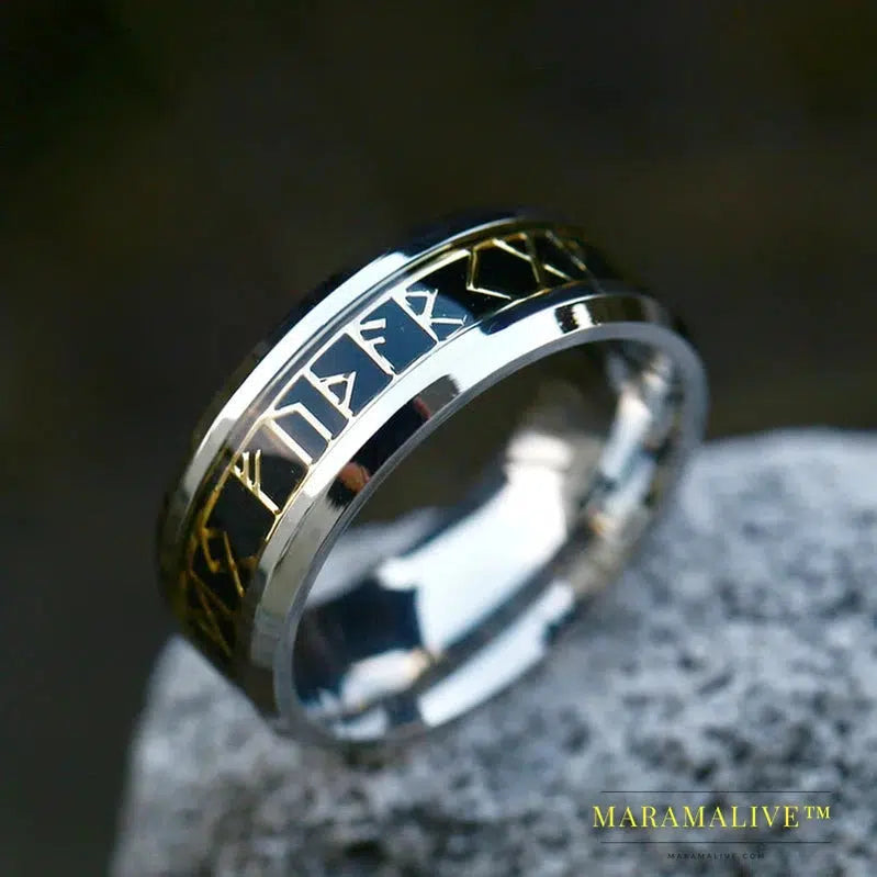 Stainless Steel Viking Runes Golden Dragon Man's Ring Blu-ray Simple Fashion High Quality Jewelry