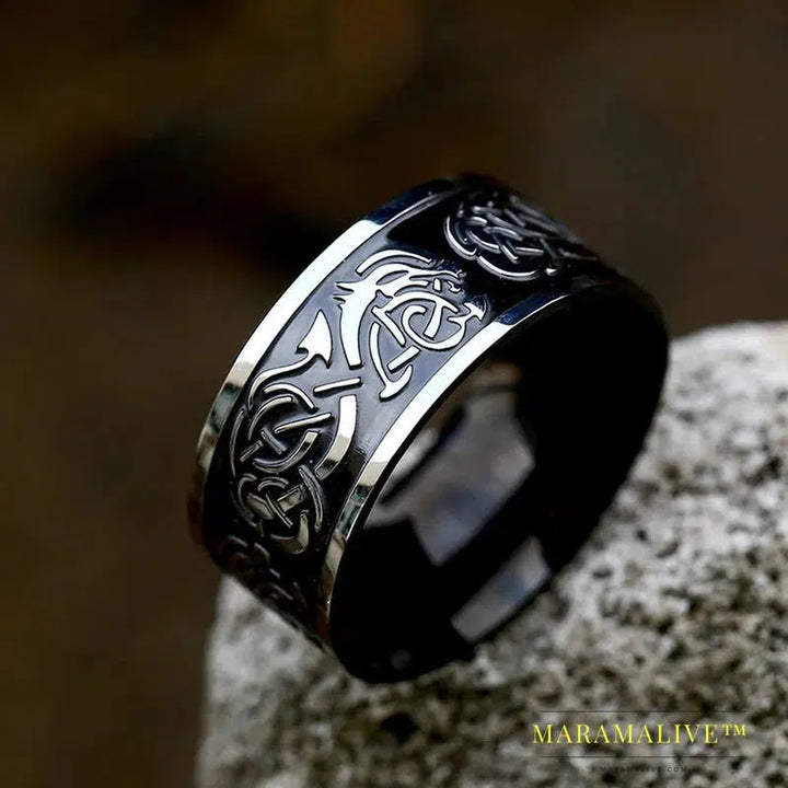 Stainless Steel Viking Runes Golden Dragon Man's Ring Blu-ray Simple Fashion High Quality Jewelry