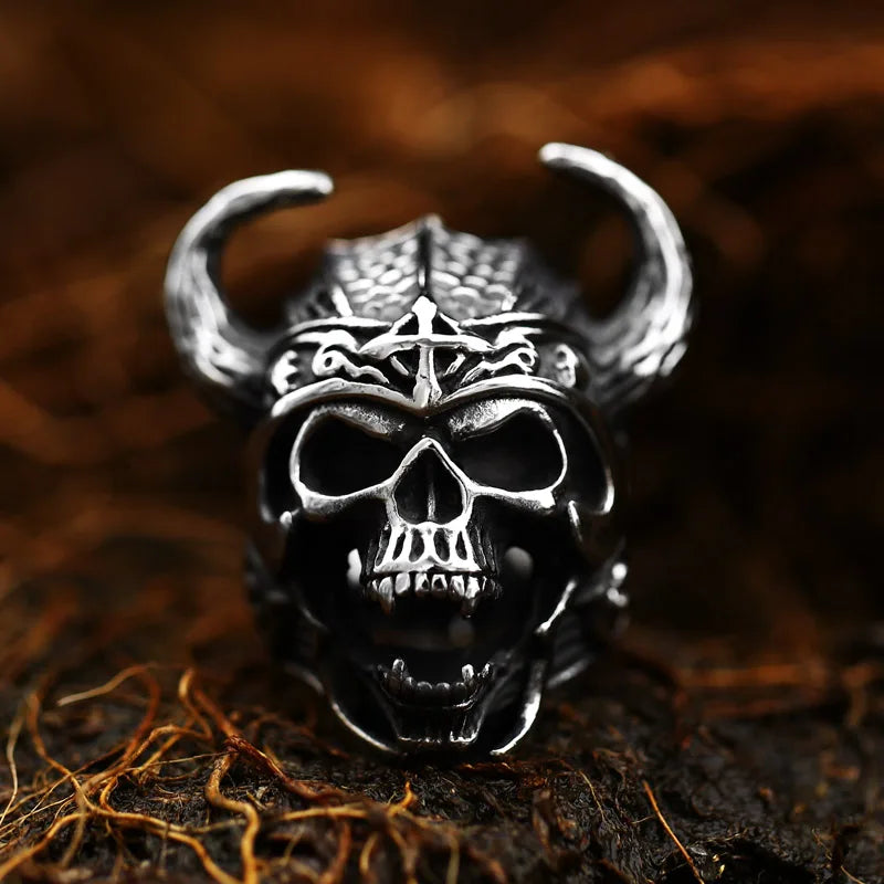 Stainless Steel Viking Warrior Skull Cross Men's Ring Punk Nordic Horns War God High Quality Jewelry