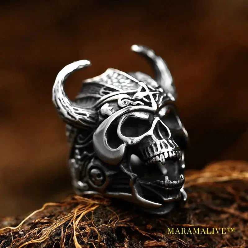 Stainless Steel Viking Warrior Skull Cross Men's Ring Punk Nordic Horns War God High Quality Jewelry