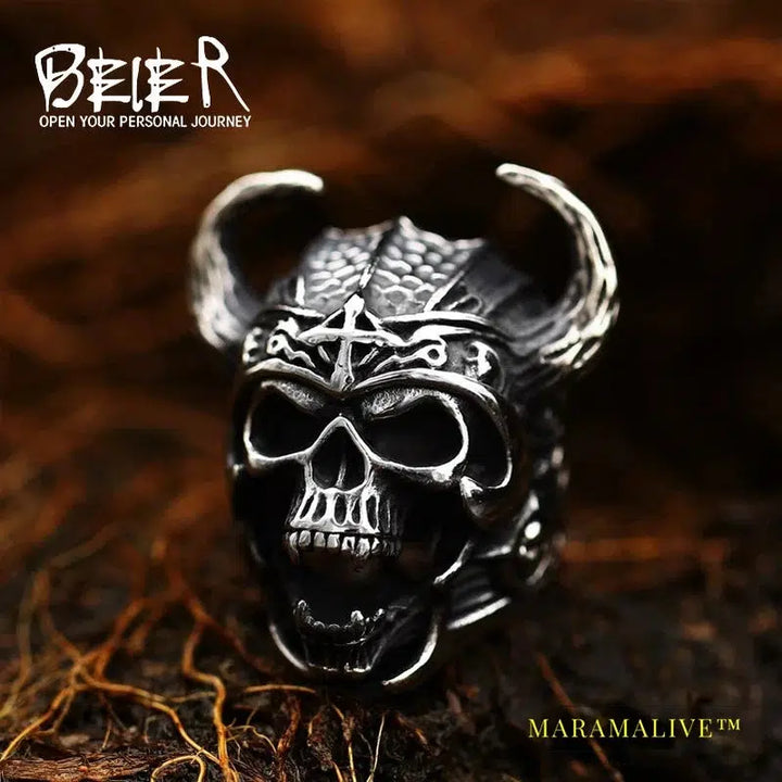 Stainless Steel Viking Warrior Skull Cross Men's Ring Punk Nordic Horns War God High Quality Jewelry