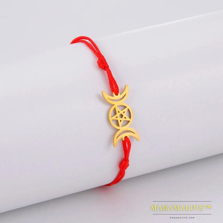 Stainless Steel Witch Knot Bracelet for Women Adjustable Cross Moon Star Lucky Red Rope String Bracelets Jewelry