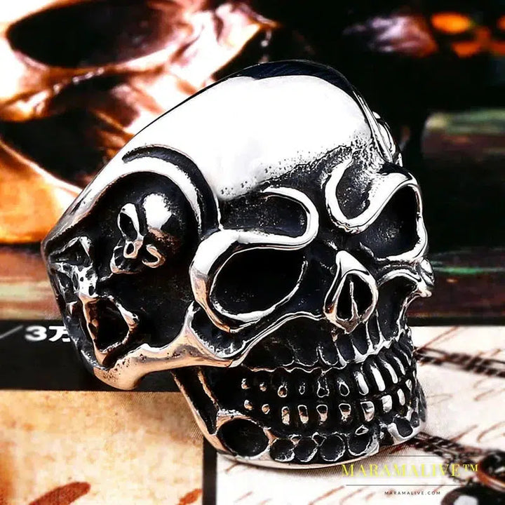 Stainless Steel ring top quality Big Tripple Skull Ring Punk Biker jewelry