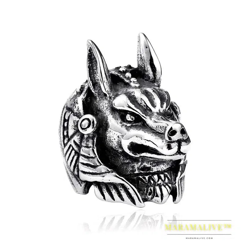 Stainless steel Wolf Head Men Ring Vintage Egyptian Anubis God Fashion Jewelry Biker Ring Gift