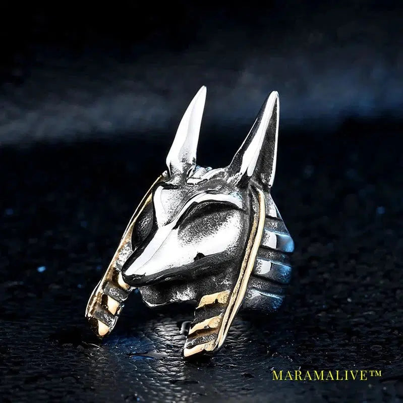 Stainless steel Wolf Head Men Ring Vintage Egyptian Anubis God Fashion Jewelry Biker Ring Gift