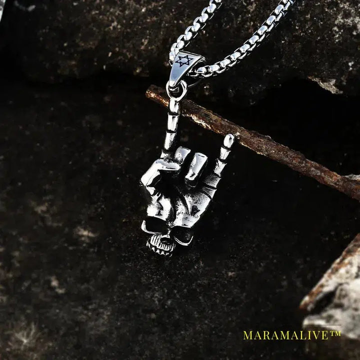 Stainless steel punk rock accessories fashion hip hop skull victory Entertaining to death gesture necklace pendant