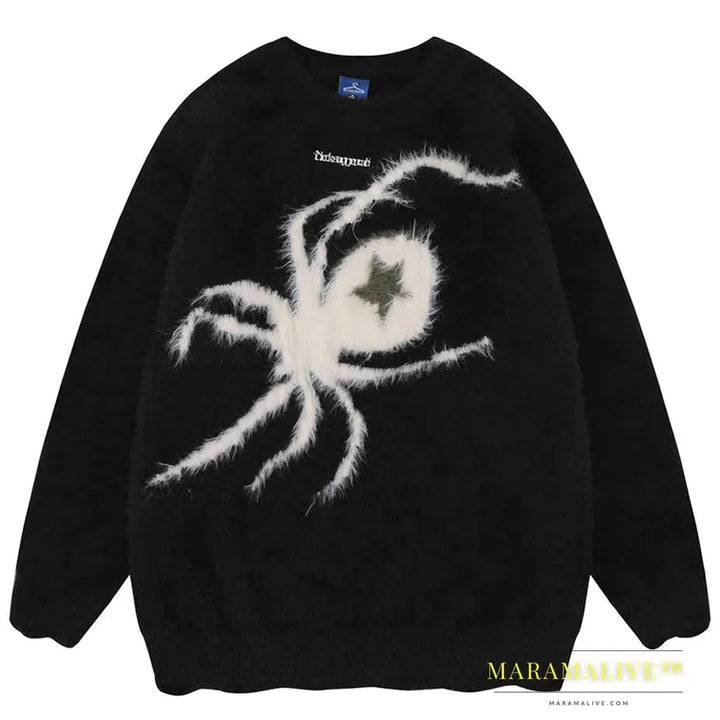 Star Spider Sweater Goth Punk Hip Hop Streetwear Sweaters Men 2023 Fall Winter Oversized Knitted Jumper Pullover Black