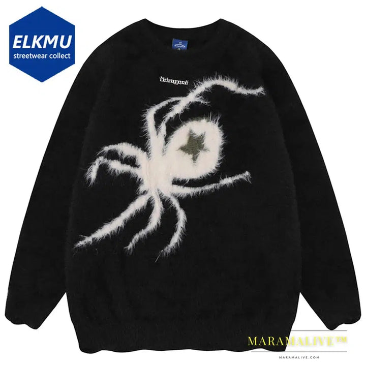 Star Spider Sweater Goth Punk Hip Hop Streetwear Sweaters Men 2023 Fall Winter Oversized Knitted Jumper Pullover Black