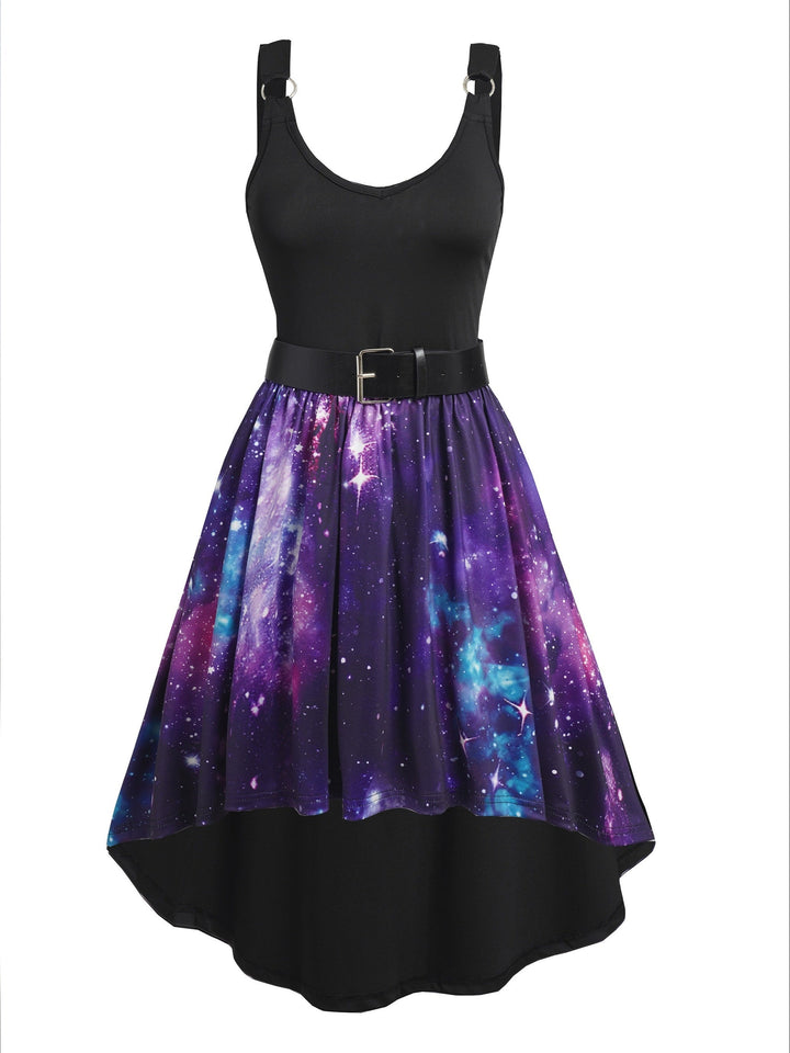 Starry Night Gothic-Inspired Dress with Asymmetrical Hem, Adjustable Belt & Metal Shoulder Detail - Elegant Polyester Blend for Women