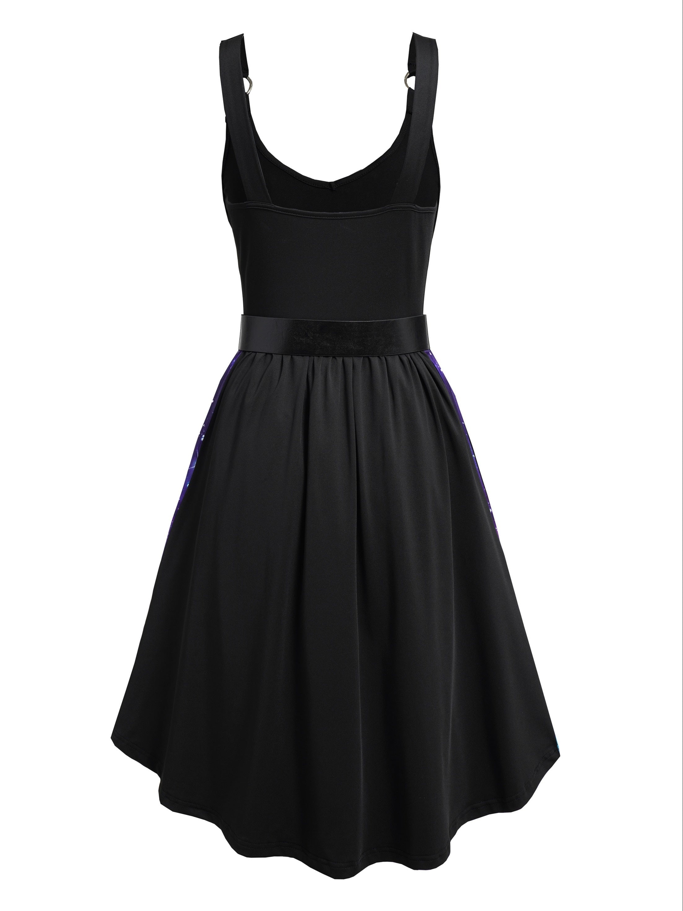 Starry Night Gothic-Inspired Dress with Asymmetrical Hem, Adjustable Belt & Metal Shoulder Detail - Elegant Polyester Blend for Women