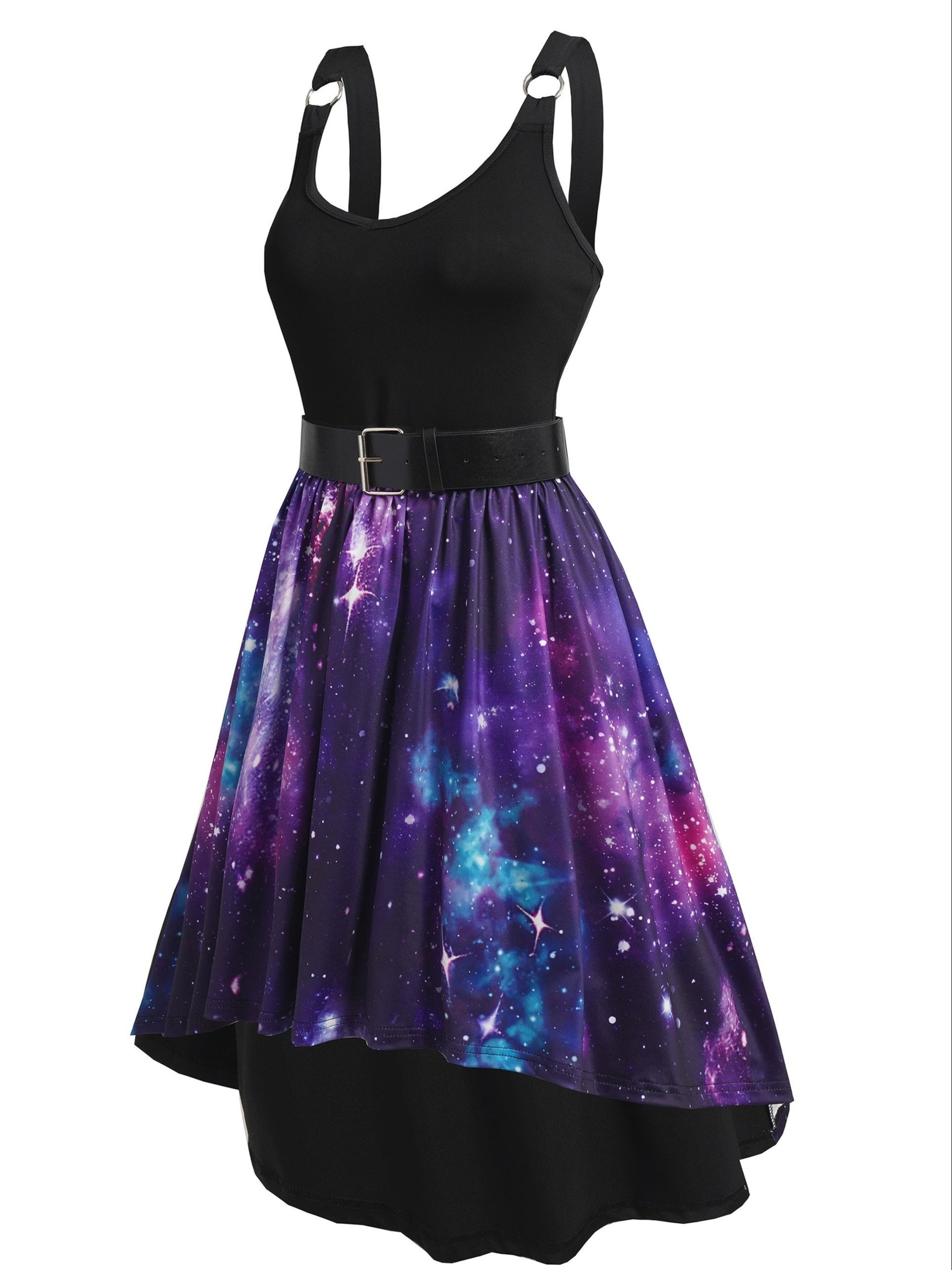 Starry Night Gothic-Inspired Dress with Asymmetrical Hem, Adjustable Belt & Metal Shoulder Detail - Elegant Polyester Blend for Women