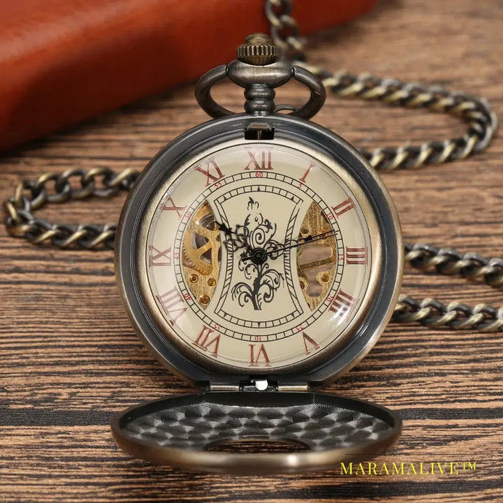 Steampunk Bronze Copper Mechanical Pocket Watch Skeleton Chain Roman Numbers Vintage Pendant Watches with 30cm Chain Gift P839C