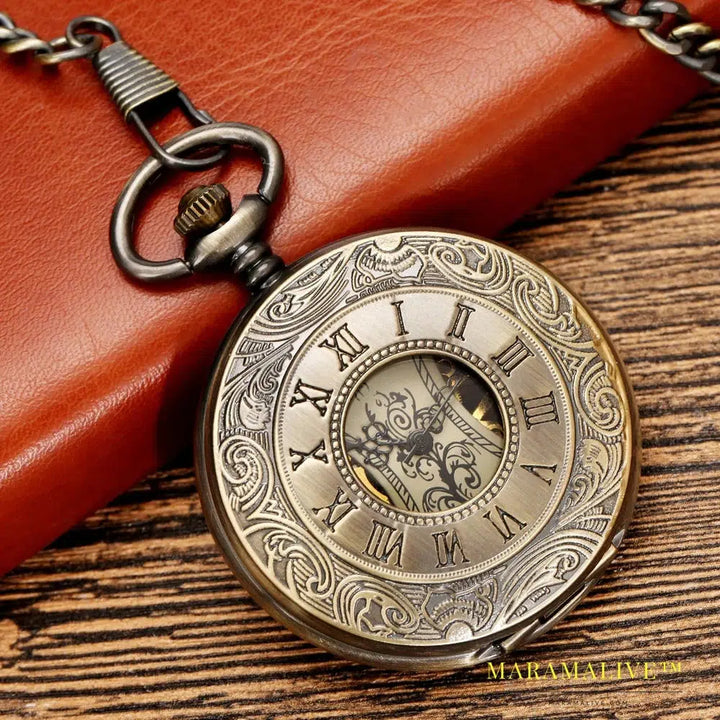 Steampunk Bronze Copper Mechanical Pocket Watch Skeleton Chain Roman Numbers Vintage Pendant Watches with 30cm Chain Gift P839C