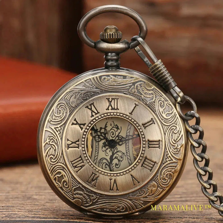 Steampunk Bronze Copper Mechanical Pocket Watch Skeleton Chain Roman Numbers Vintage Pendant Watches with 30cm Chain Gift P839C