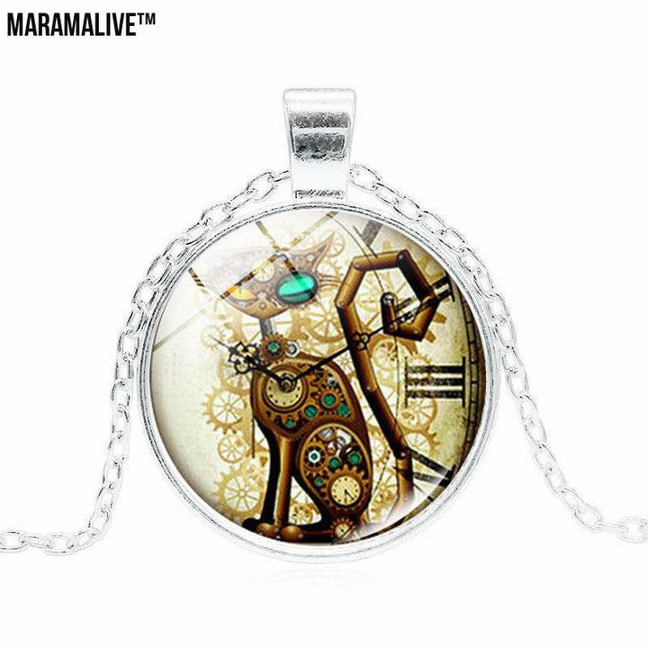 Steampunk Cat Time Gemstone Necklace