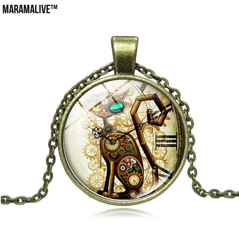 Steampunk Cat Time Gemstone Necklace