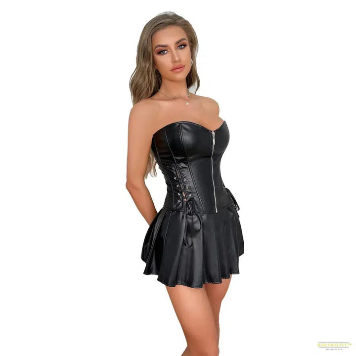 Steampunk Corset Dress Set Black Red Faux Leather Front Zip Overbust Bustier Top With Mini Skirt