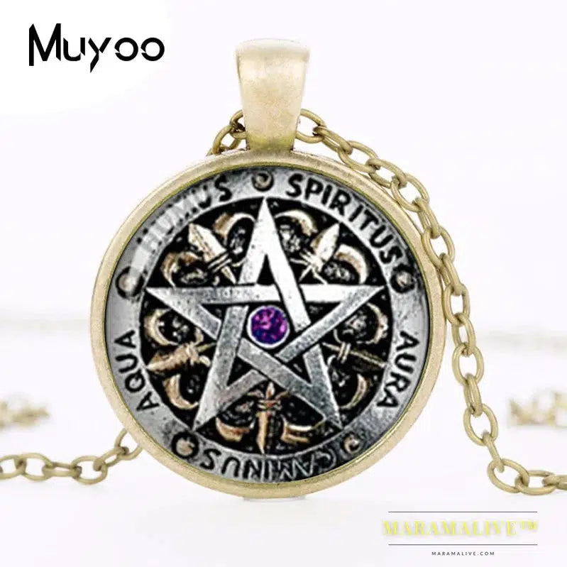 Steampunk Fashion Wiccan Necklace black magick Pagan Pentagram pendant Round Glass Dome Gift Women Men Chain antique HZ1