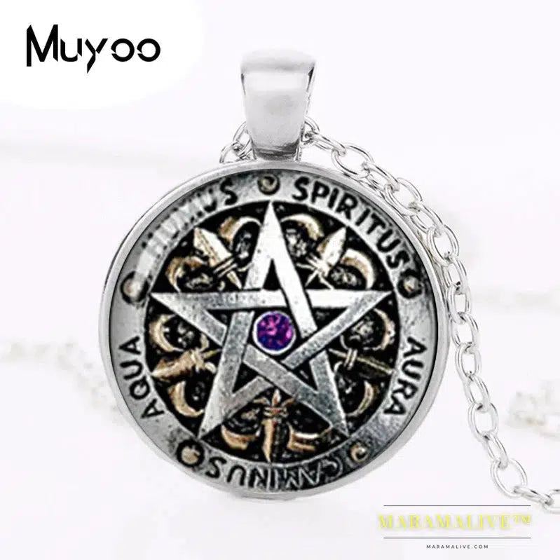 Steampunk Fashion Wiccan Necklace black magick Pagan Pentagram pendant Round Glass Dome Gift Women Men Chain antique HZ1