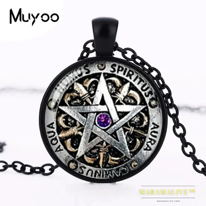 Steampunk Fashion Wiccan Necklace black magick Pagan Pentagram pendant Round Glass Dome Gift Women Men Chain antique HZ1