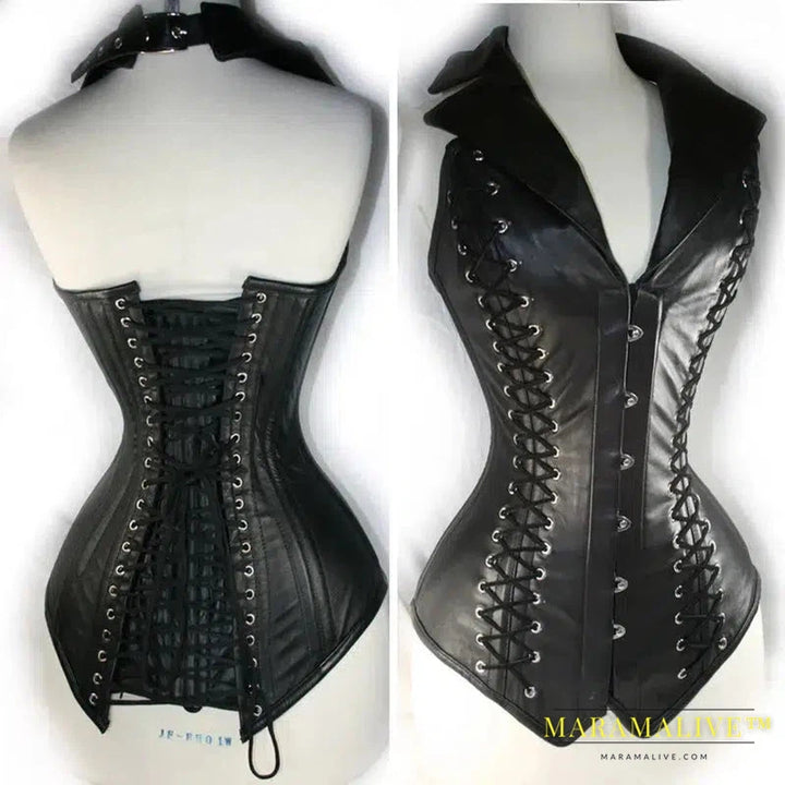 Steampunk Faux Leather Corset Vest for Women Gothic Side Lace-Up Steel Boned PU Corset Waist Slimming Trainer Body Shaper Korset