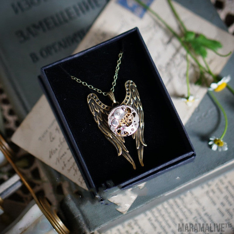 Steampunk Mechanical Necklace | Vintage Angel Wings faux watch