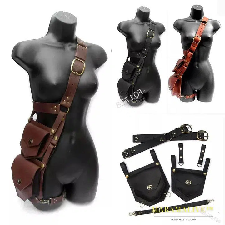 Steampunk Medieval PU Leather Shoulder Bag Vintage Double Phone Case Wallet Pocket Festival Holster Viking Pirate Costume Purse