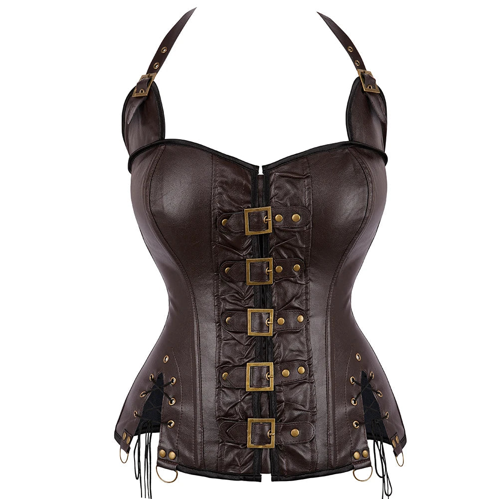 Steampunk Overbust Corset Top - Vintage Victorian Gothic Faux Leather Bustier