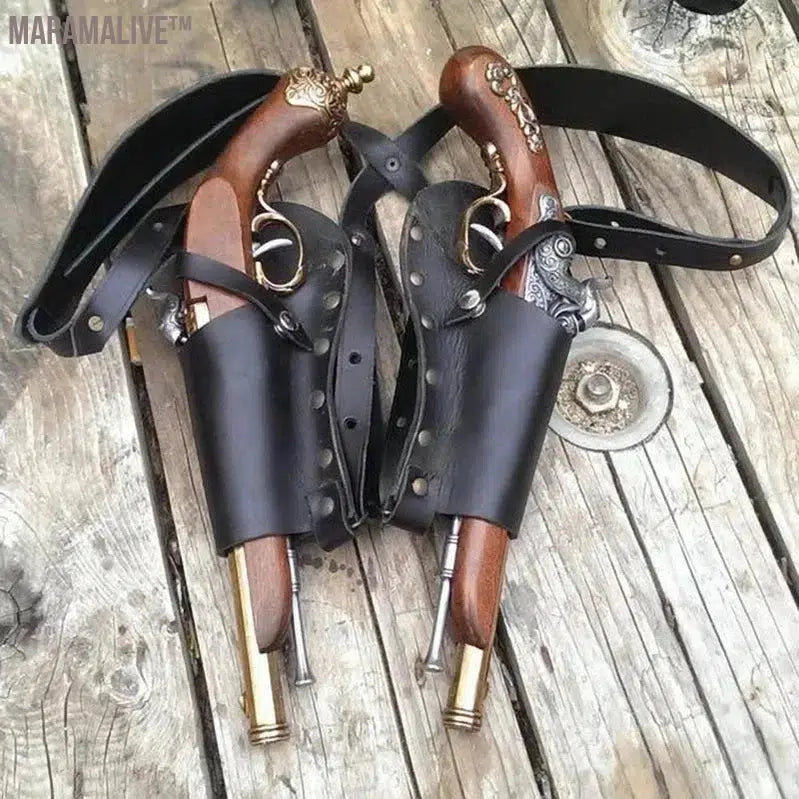 Steampunk Pirate Leather Double Flintlock Holder Holster Universal Shoulder Belt Pistol Gun Case Cover Cosplay Costume Accessory